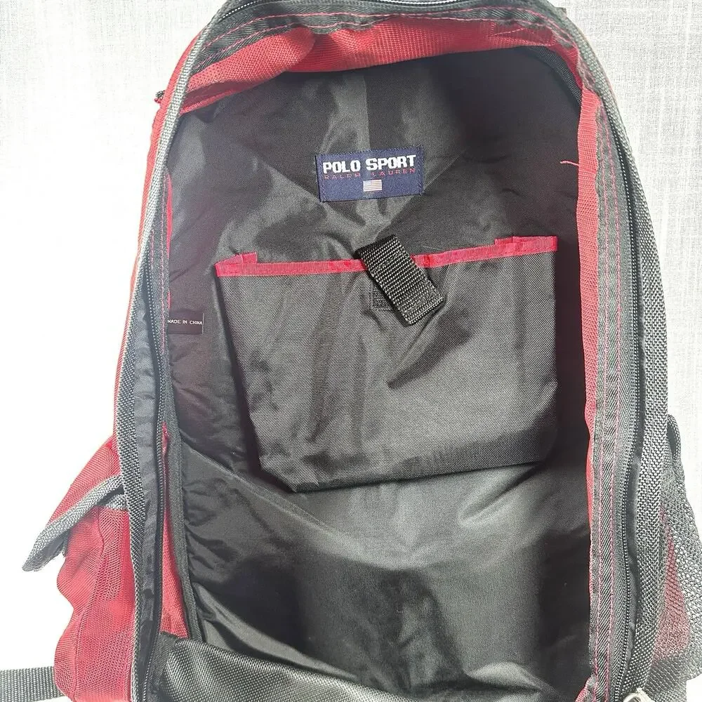 Vintage Polo Sport Ralph Lauren Backpack Red RL Flag Multi Pocket